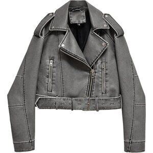 Women's Faux Leather Cropped Jacket Lapel Zipper Biker Short Coat Grey 2371